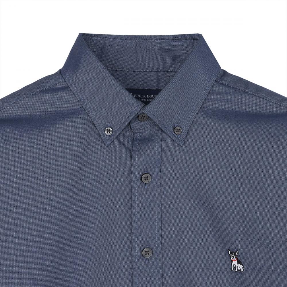 カジュアルシャツ フレンチブルドッグ刺繍 オックスフォードシャツ ボタンダウン 長袖 メンズ