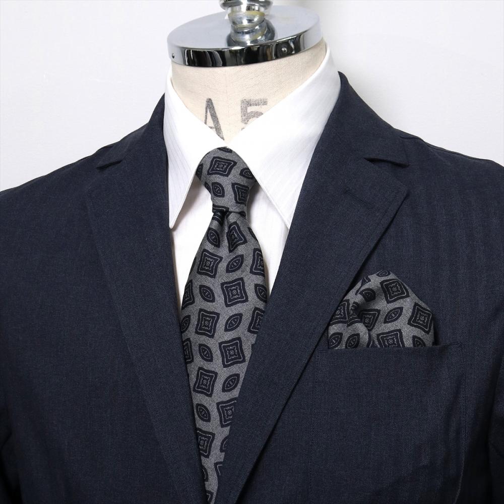 ネクタイ＆ポケットチーフセット イタリア生地 日本製 毛100% カノニコ ビジネス フォーマル ギフト