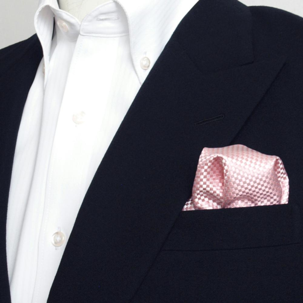 ポケットチーフ / ビジネス / フォーマル / 絹100% ピンク バスケット織柄