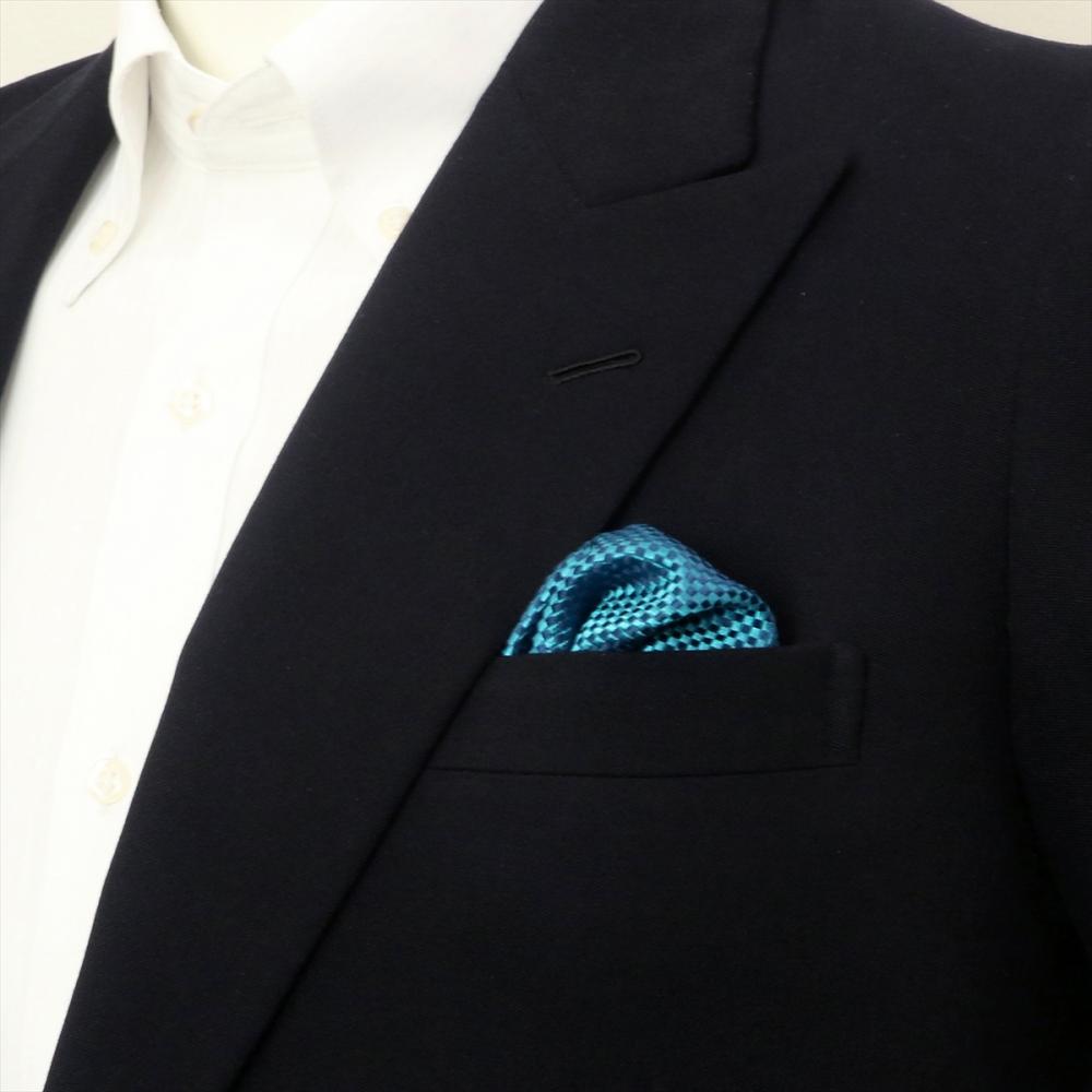 ポケットチーフ　ビジネス　フォーマル　絹100% ブルーグリーン バスケット織柄