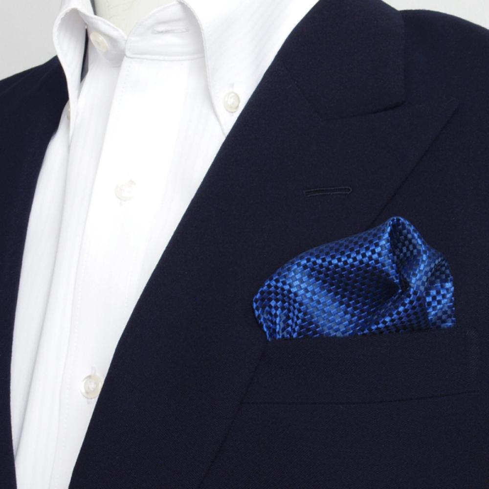 ポケットチーフ　ビジネス　フォーマル　絹100% ブルー バスケット織柄