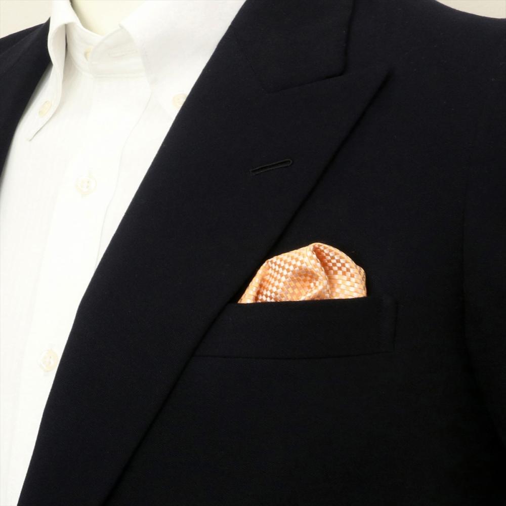 ポケットチーフ　ビジネス　フォーマル　絹100% オレンジ バスケット織柄