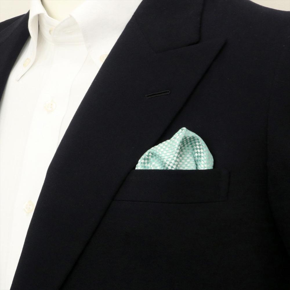 ポケットチーフ　ビジネス　フォーマル　絹100% グリーン バスケット織柄