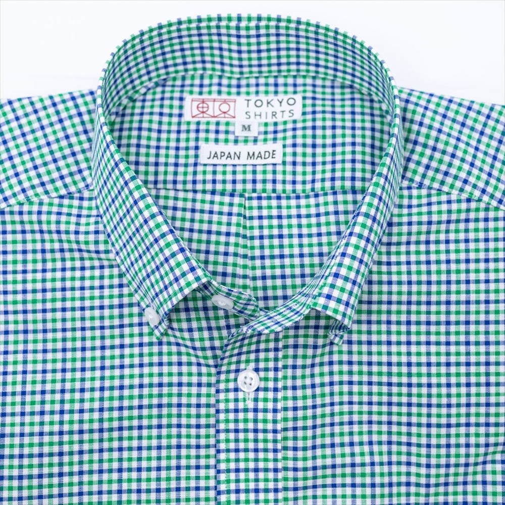 【受注生産】 メンズ カジュアルシャツ 長袖 しゃれシャツ ショート ボタンダウン 綿100% 白×グリーン、ブルーチェック スリム
