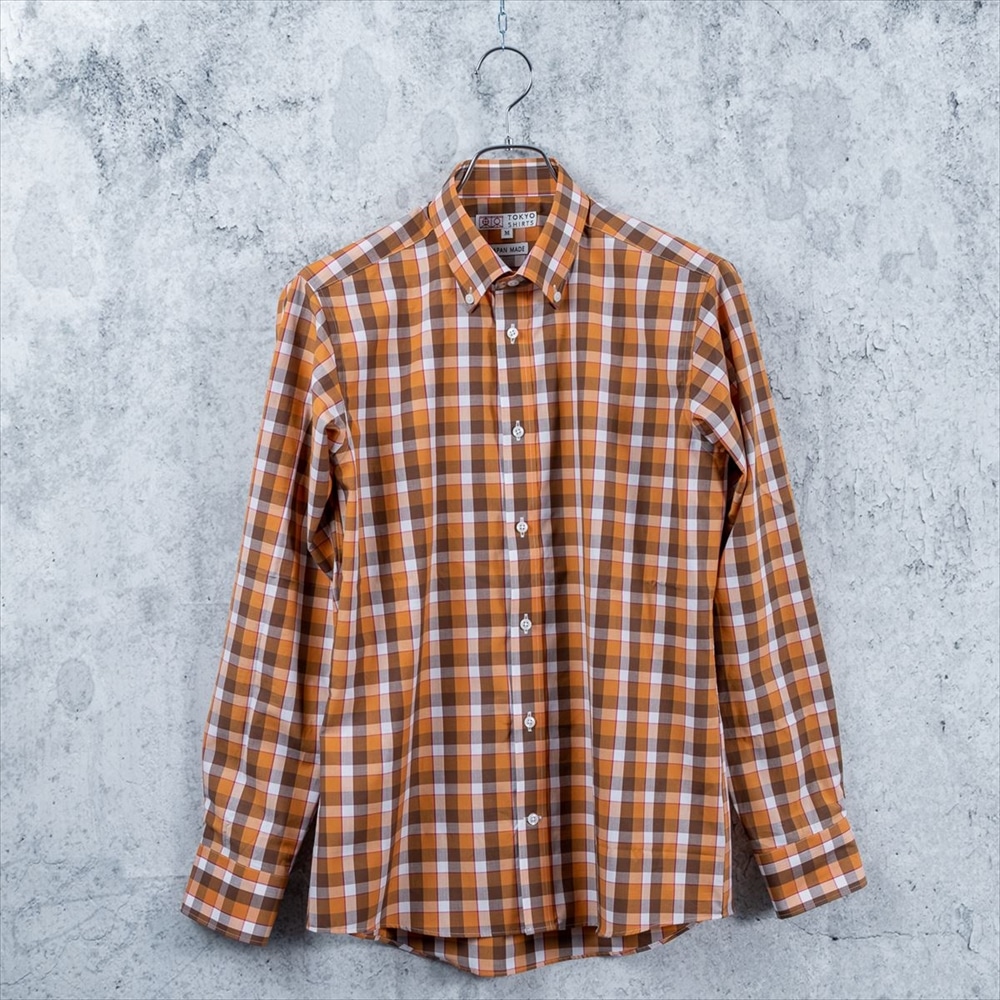 受注生産 メンズ カジュアルシャツ 長袖 しゃれシャツ ショート ボタンダウン 綿100 オレンジ系チェック スリム S オレンジ イエロー しゃれシャツ東京シャツ公式通販 ノーアイロン形態安定ビジネスワイシャツ専門店