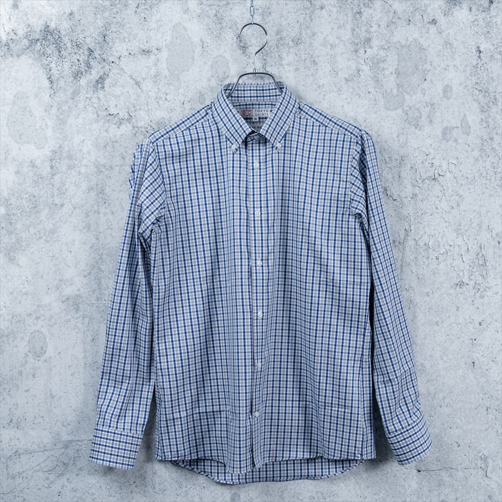 受注生産 メンズ カジュアルシャツ 長袖 しゃれシャツ ショート ボタンダウン 綿100 白 ブルー グレーチェック スリム S ブルー しゃれ シャツ東京シャツ公式通販 ノーアイロン形態安定ビジネスワイシャツ専門店