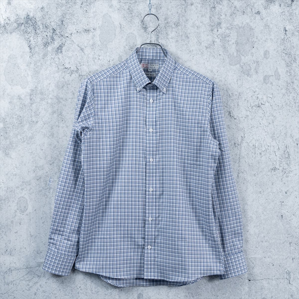 【受注生産】 メンズ カジュアルシャツ 長袖 しゃれシャツ ショート ボタンダウン 綿100% 白×ブルー、グレーチェック スリム