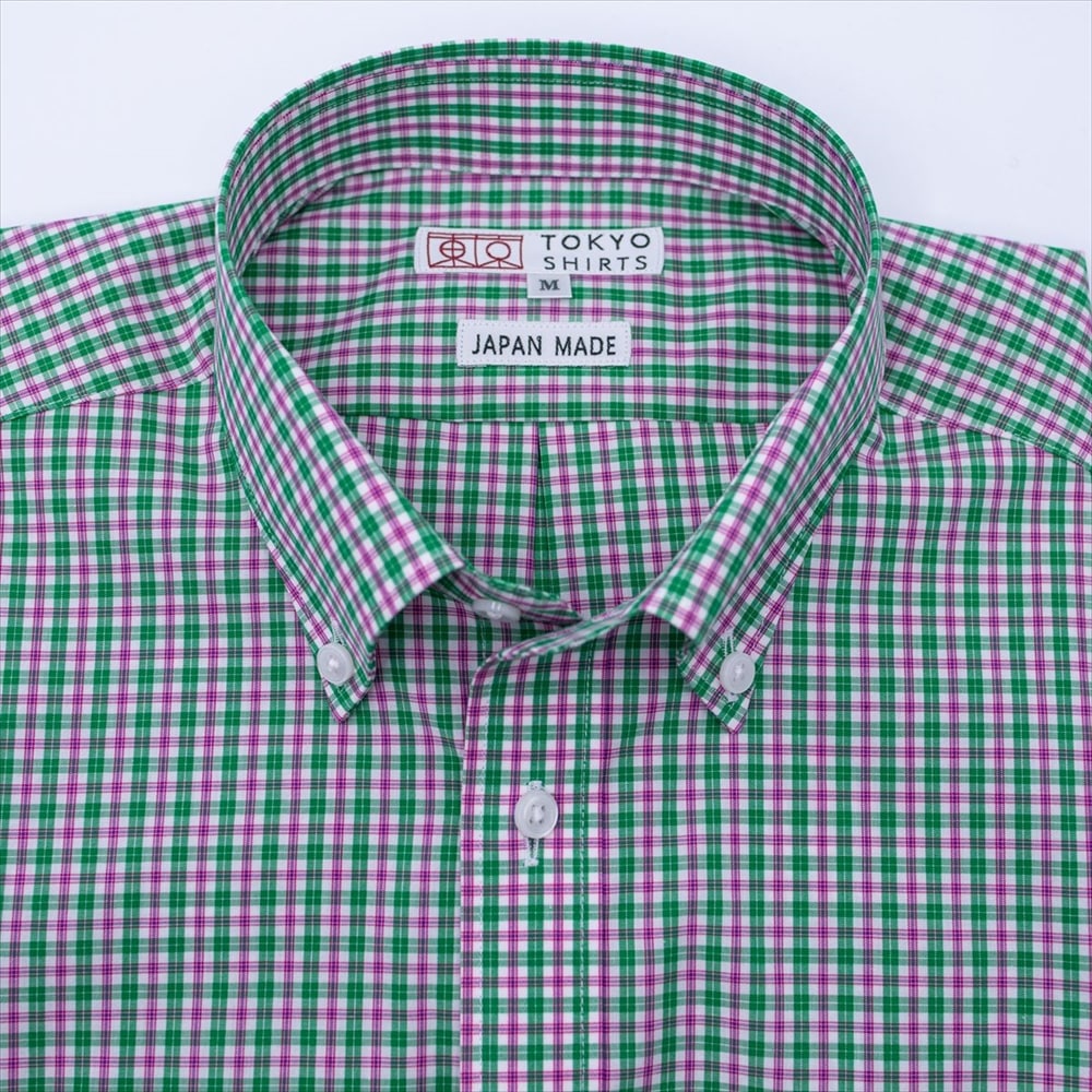 【受注生産】 メンズ カジュアルシャツ 長袖 しゃれシャツ ショート ボタンダウン 綿100% 白×グリーン、パープルチェック スリム