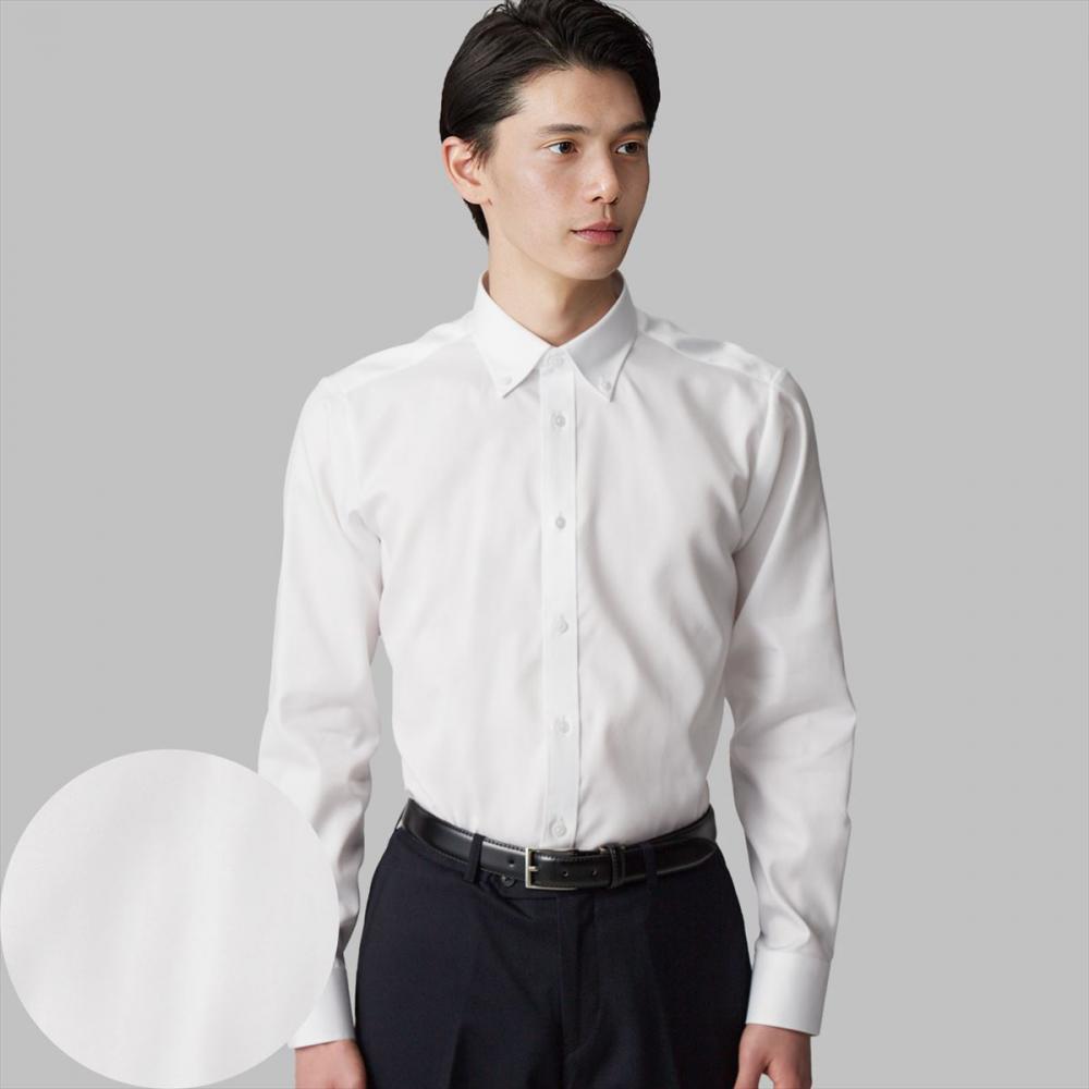 【国産しゃれシャツ】 ボタンダウン 長袖 形態安定 ワイシャツ 綿100%:モデル身長：177cm・着用サイズ：M39-84