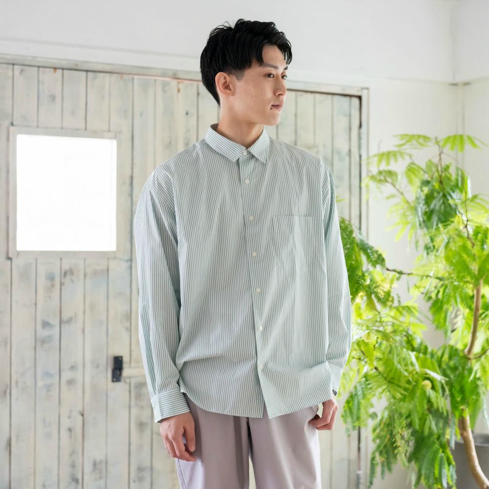 リラックスバックプリーツシャツ＜シーグリーンストライプ＞(XS