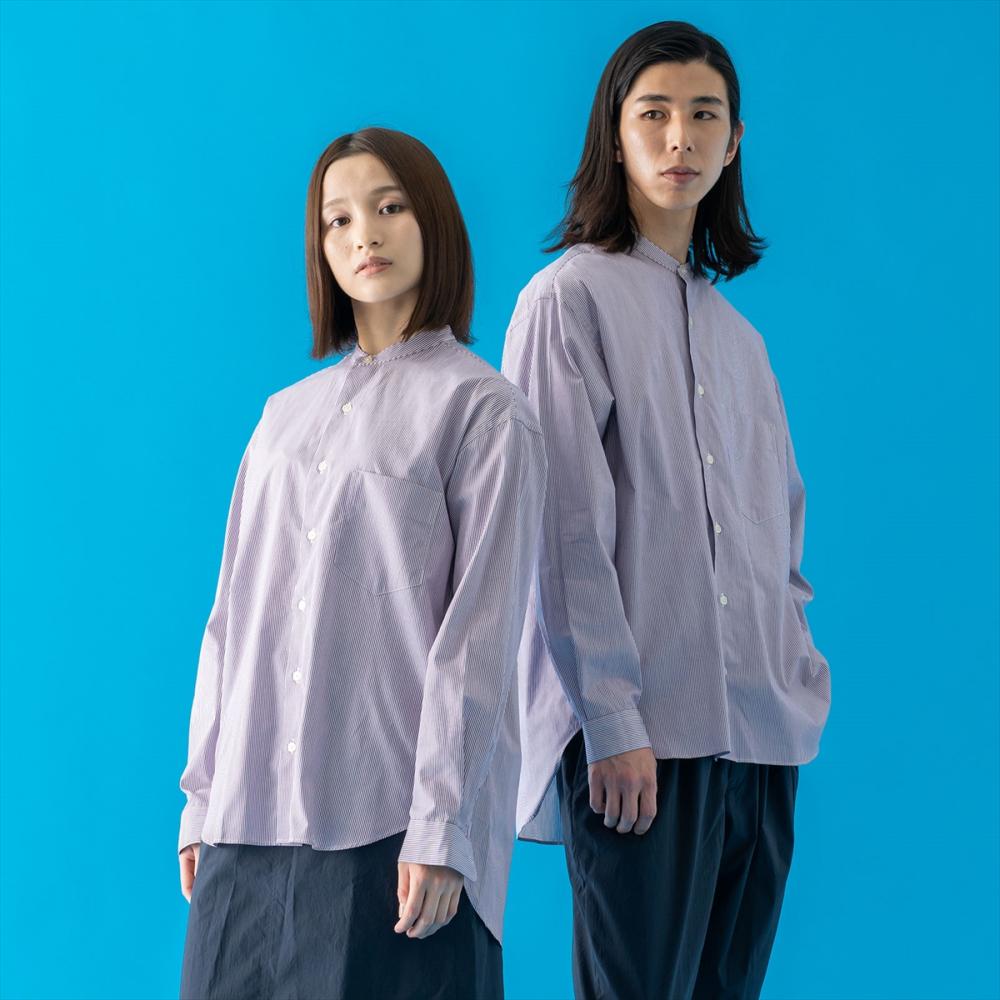 リラックスバックプリーツシャツ＜パープルシングルストライプ＞
